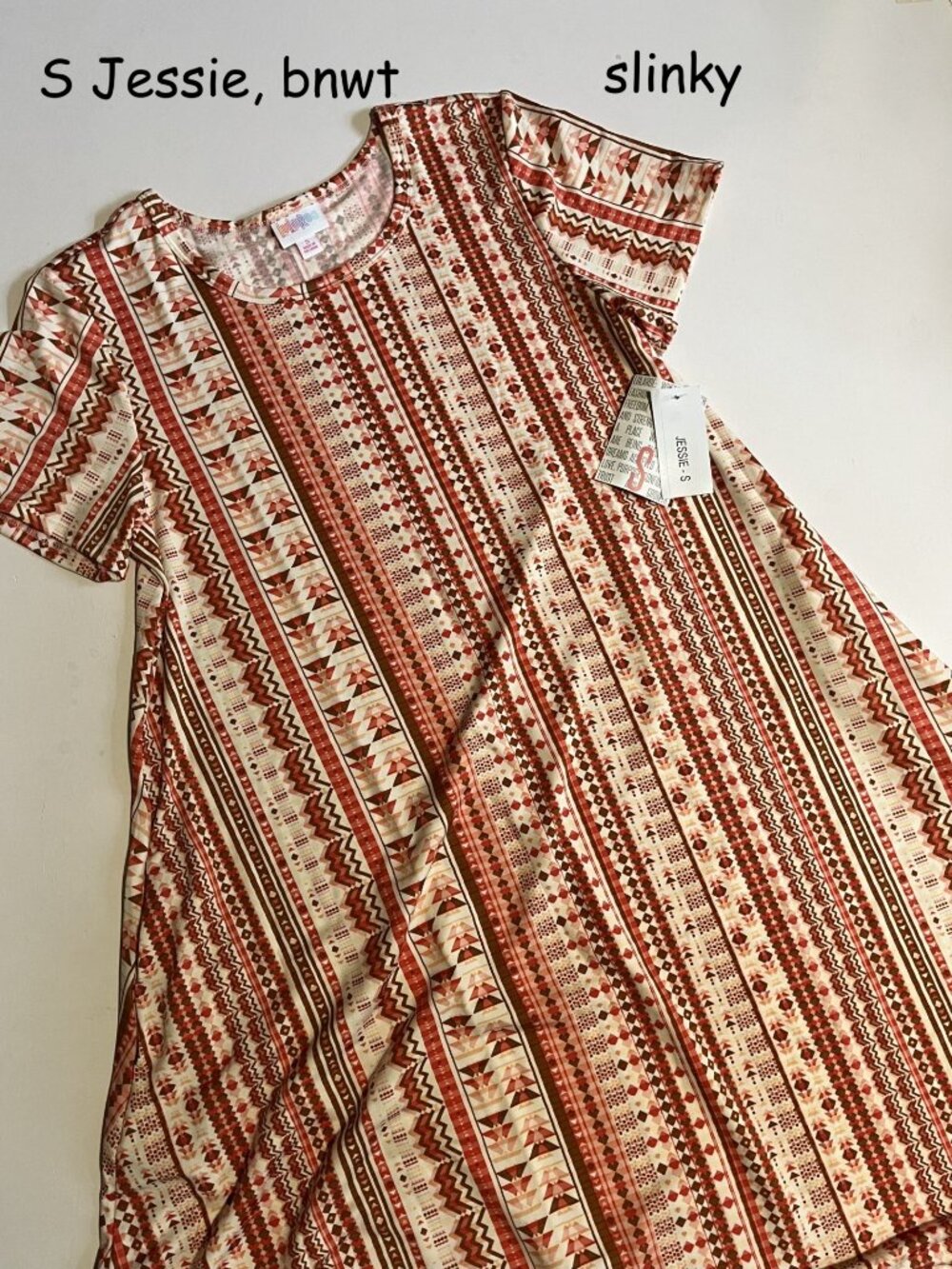 Small Lularoe Jessie a-line dress, white with red and brown SW stripes, slinky